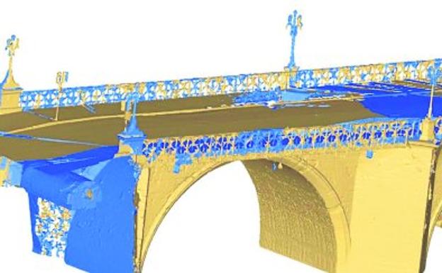 Una de las imágenes reales en 3D obtenidas durante las últimas semanas del Puente Viejo. Los colores determinan la distinta densidad de los materiales y los huecos. A la izquierda, la bóveda oculta.