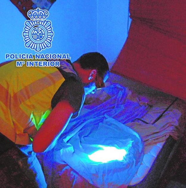 Un agente de la Policía Científica analiza la sábana en la que apareció envuelto el cadáver del vecino de Espinardo.