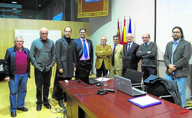 Joaquín Contreras, Enrique de Andrés, Antonio Tomás, Patricio Franco, Francisco García Calvo, José Andrés Moreno, Luis Lezaún Martínez, Manuel Buitrago y Domingo Centenero, en la UPCT./Pablo Sánchez / AGM