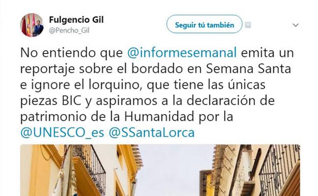 'Tuit' del alcalde de Lorca./LV