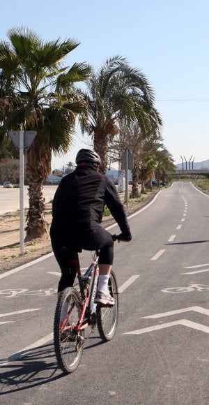 Un ciclista pedaleando por el carril bici de la mota del río que discurre paralelo a La Fica. :: JUAN LEAL/
