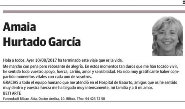 La conmovedora esquela de Amaia: «Me marcho con pena, pero rebosante de alegría»