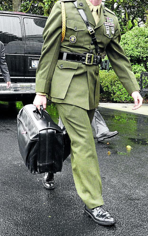 El botón rojo es un maletín negro