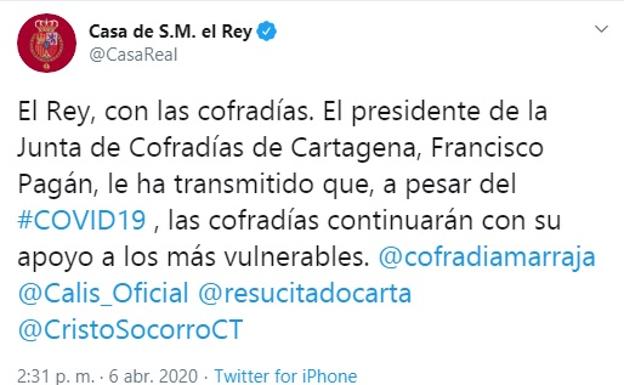 El Rey llama a las cofradías de Cartagena para solidarizarse con ellas