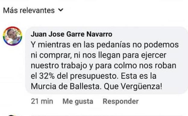 El PP niega haber borrado comentarios críticos del pedáneo de Algezares en Facebook