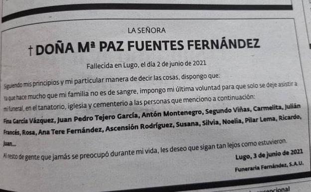 La última voluntad de una señora que manda a paseo a sus familiares en su esquela