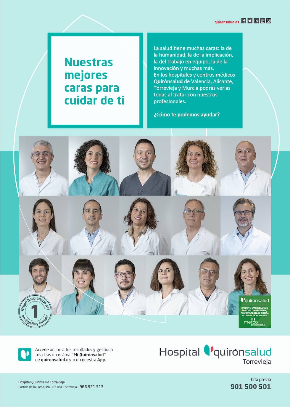 Quirónsalud presenta la campaña «Nuestras mejores caras para cuidar de ti» para poner en valor el papel de los sanitarios en el cuidado de nuestra salud