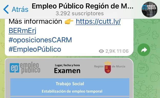 El canal de Telegram con el que puedes recibir todas las ofertas de empleo público de la Región