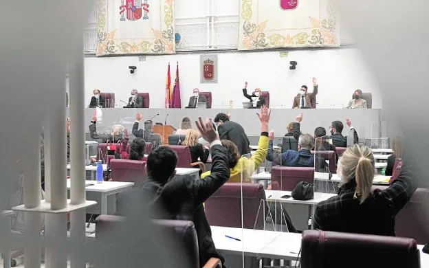 The deputies raise their hands to vote in a plenary session of the Regional Assembly of Murcia. 