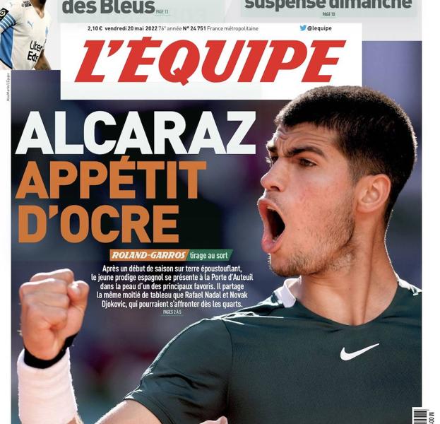 Carlos Alcaraz protagoniza la portada de L'Équipe en la previa de Roland Garros