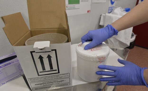 A health worker transfers a biological sample at the La Arrixaca Microbiology service. 