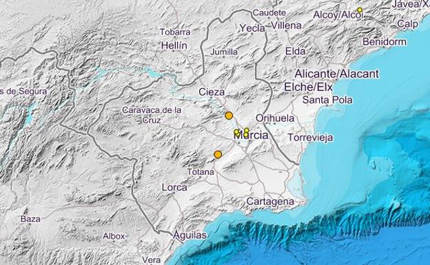 In orange, the two earthquakes recorded in the last 24 hours in Librilla and Archena.