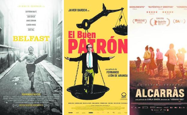 Posters for 'Belfast', 'The Good Patron' and 'Alcarrás'.