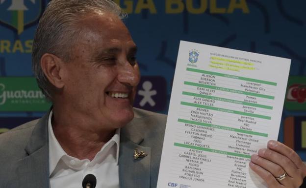 The Brazilian coach, Tite, shows his squad list for the World Cup.
