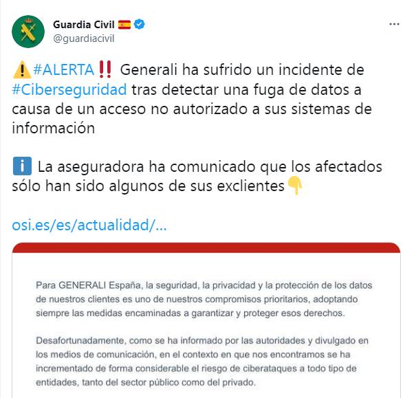 La Guardia Civil alerta a los exclientes de Generali de la filtración de sus datos