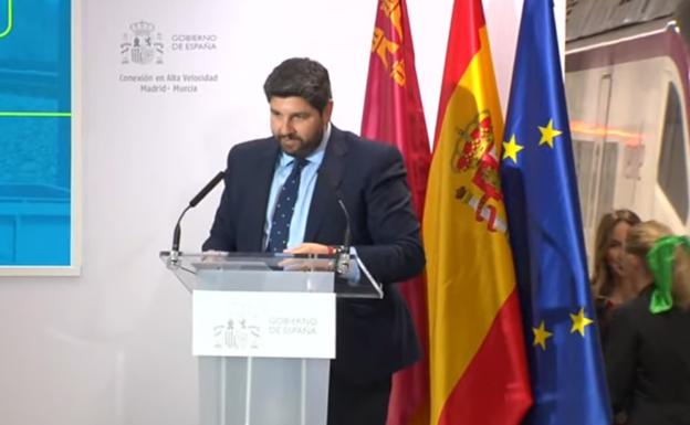 Fernando López Miras, this Monday, during his speech at the opening ceremony of the AVE in Murcia.