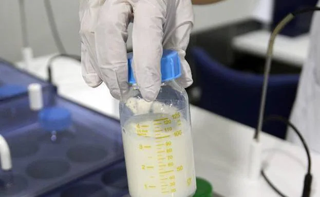 A container with breast milk about to be introduced into the pasteurizer of the new regional bank, in La Arrixaca, in a file image.