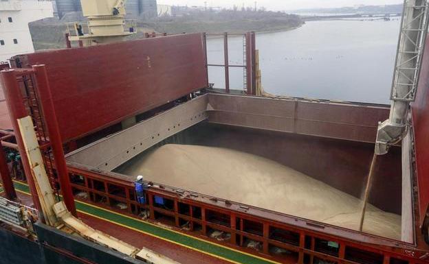 A ship bound for Kenya loads Ukrainian grain at one of the quays in the port of Odessa.