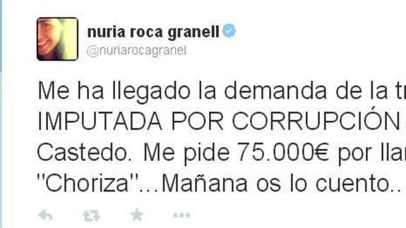 Nuria Roca anuncia que Sonia Castedo le pide 75.000€ por llamarla «choriza»