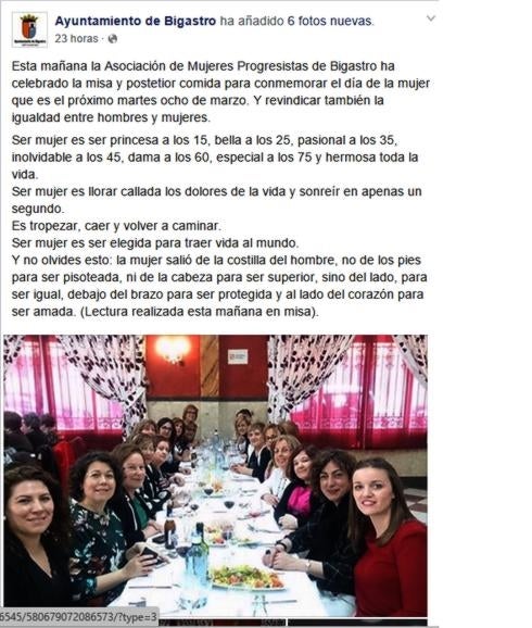 Bigastro celebra el Día de la Mujer con un texto de connotaciones machistas