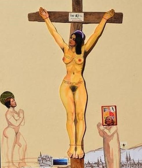 El artista Pepe Yagües retrata a Rita Maestre crucificada