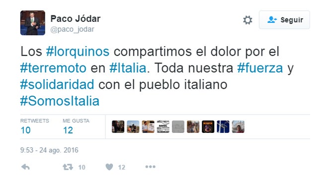 Lorca muestra su solidaridad con Italia por «un dolor compartido»